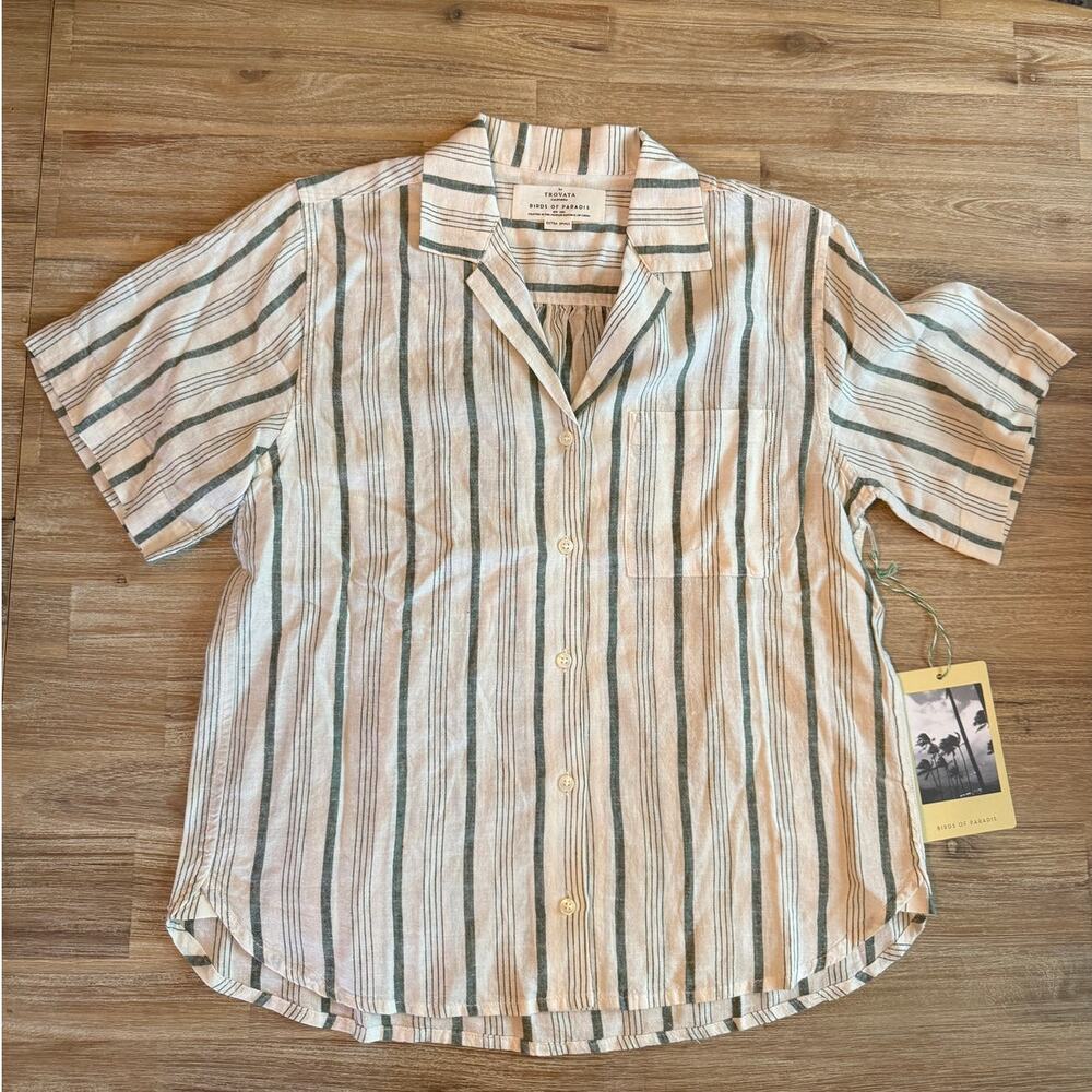 Trovata Bird of Paradise Linen Camp Shirt Size XS Small Striped Anthropologie